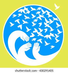 Hands, mourners birds. Vector illustration in the circle . The symbol of the blue planet. A symbol of peace, freedom and kindness