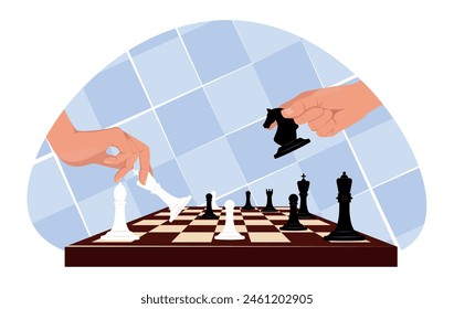 Hands move chess pieces around board. Knight figure. Strategy game. Two sides confrontation. Competitive battle. Attempt to beat opponent. Chessboard with pawn and rook