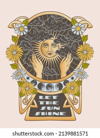 hands move the clouds and the sun comes out, retro, hippie print on t-shirt and the inscription: let the sun shine