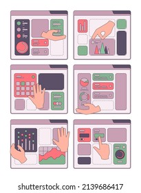 Hands moving interface. Ui frames and buttons customizing design interfaces work frames for programs build processes application protorype garish vector web page template