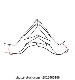 Hands mudras with red threads, symbol, vector linear illustration