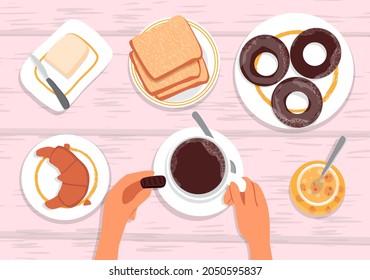 Manos con una taza de café y un dulce. Cruasán, mantequilla, pan, mermelada y donuts sobre la mesa. Desayuno dulce. Vista superior. Ilustración vectorial, estilo plano