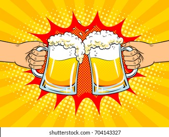 Hands with mugs of beer pop art retro vector illustration. Clink glasses. Comic book style imitation.