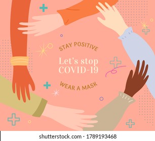 Hands From Multi Ethnic People Making A Circle Together, Concept Of Global Cooperation To Fight COVID-19, Illustration In Flat Design