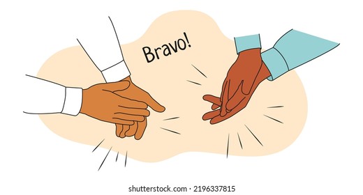 Hands of multicultural Business people Applaud. Cheering, ovation, Applauding concept. People thank speaker or trainer for presentation. Excited Audience Clap after performance. Vector illustration.