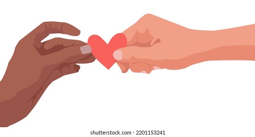 Hands of Multicultural People holding a Heart. Give and share Love with people, take Care Love. Vector illustration.