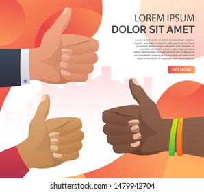 Hands of multiethnic men making like gesture. Positive review, successful people, text sample. Feedback concept. Vector illustration for landing pages or presentation slides