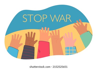 Hände von multiethnischen Menschen im Hintergrund der ukrainischen Flagge. Hör auf zu Krieg. Menschen, die gegen Gewalt protestieren, flache Vektorgrafik. Freiheitskonzept für Banner, Website-Design oder Landing-Website