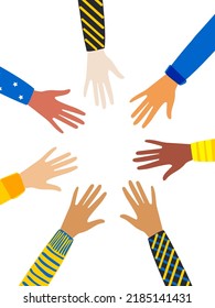 The hands of multiethnic people are connected in a circle on a white vertical background. Activists and other communities fight for equality. Vector.