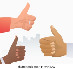 Hands of multiethnic people showing like gesture. Arms, thumb up, super. Feedback concept. Vector illustration for topics like positive review, great job, teamwork