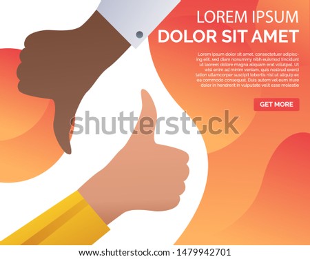 Hands of multiethnic people with thumbs up and down. Agree or disagree gestures, positive and negative review. Feedback concept. Vector illustration for banners, posters, webpage templates