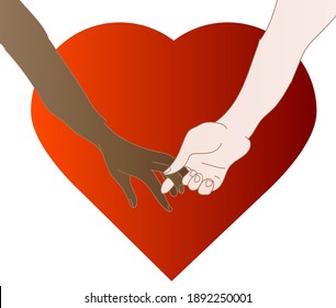 Hands of a multinational couple on the background of the heart.