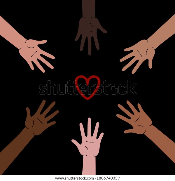 Hands multinational organized in a\
circle, reaching for red heart. Anti racism, racial equality,\
different colors same blood concept.Black lives matter, stop\
racism, equality banner\
poster.democracy,