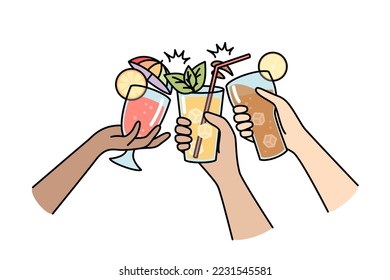 Hands of multiracial people clink glasses with different drinks. Chin-chin, toast with cocktails with ice cubes, mint leaves, lemon slices, straw. Vector contour line illustration isolated on white.