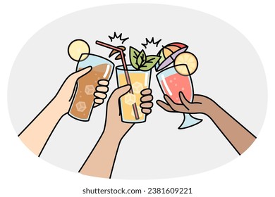 Hands of multiracial people clink glasses with different drinks. Chin-chin, toast with cocktails with ice cubes, mint leaves, lemon slices, straw. Vector contour line illustration isolated on white.