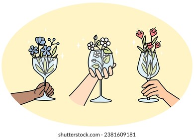 Hands of multiracial people hold wineglasses with flowers inside. Creative blossom plant arrangement in glassware for interior, party. Floral drink, lemonade, cocktail in wine glasses vector concept.