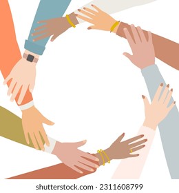 Hands of multiracial people holding each other making circle frame, for teamwork concept in flat design