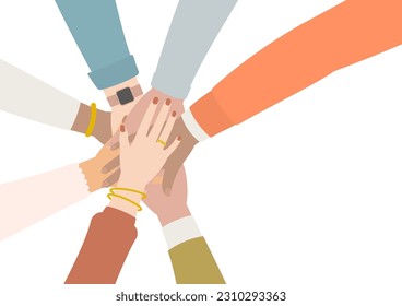 Hands of multiracial people showing back of hands putting together for teamwork concept in flat design