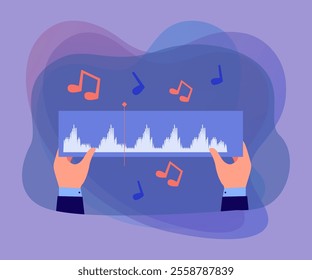 Hands of music producer holding audio track. Person making or recording song, flying note symbols flat vector illustration. Music, production, media concept for banner, website design or landing page