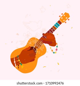 С perder las manos de un músico tocando la guitarra. Ilustración vectorial plano ukulele, gráfico digital dibujado a mano