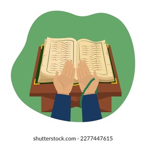 Hands of Muslim with Quran and prayer beads vector illustration. Cartoon drawing of religious person praying with open holy book and rosary beads. Religion, Islam, holiday, Ramadan concept