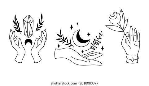 Con las manos y la luna mística de boho aislados en el paquete de cliparts, colección celestial floral, puesta de luna y flores, línea mágica en luna bruja, objetos esotéricos - ilustración vectorial en blanco y negro