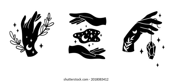 Con las manos y la luna mística de boho aislados en el paquete de cliparts, colección celestial floral, puesta de luna y flores, línea mágica en luna bruja, objetos esotéricos - ilustración vectorial en blanco y negro