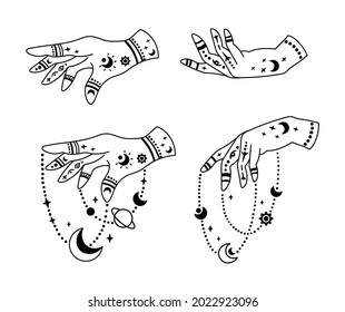 With hands and Mystical boho moon isolated cliparts bundle, celestial collection, moon and stars set, magic line crescent witchy moon, esoteric objects, black and white vector illustration set