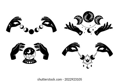 Mit Händen und mystischem Boho Mond, isolierter Clipkunst-Bundle, Himmelskollektion, Mond- und Sternenset, magischer Halbmond, esoterische Objekte, schwarz-weißer Vektorgrafik-Set