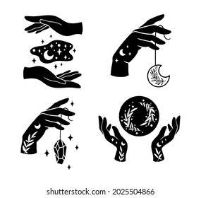 With hands and Mystical boho moon isolated cliparts bundle, celestial floral collection, moon and flowers set, magic line crescent witchy moon, esoteric objects - black and white vector illustration