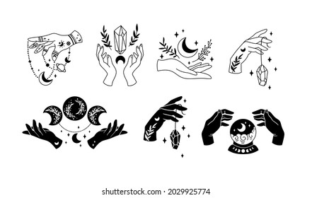 With hands and Mystical boho moon isolated cliparts bundle, celestial crystals and flowers, magic line and silhouette witchy moon phases, esoteric objects - black and white vector illustration