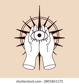 Hands with mystical esoteric all-seeing eye. Enlightenment and vision concept. Occult magic sacred symbol of clairvoyance, mystery, providence. Flat vector illustration isolated on white background