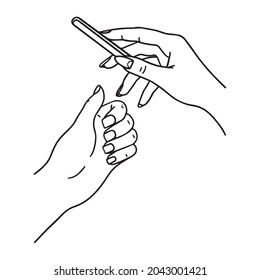 Las manos con un archivo de uñas hacen una manicura. Imagen vectorial en blanco y negro sobre fondo blanco.