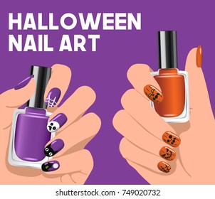 Hands with nail polish in different theme : Halloween Nail Art : Vector Illustration