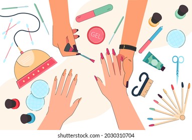 Hands of nail technician and customer in manicure salon. Top view of table with tools for nail care in studio flat vector illustration. Beauty services, cosmetics concept for banner, website design