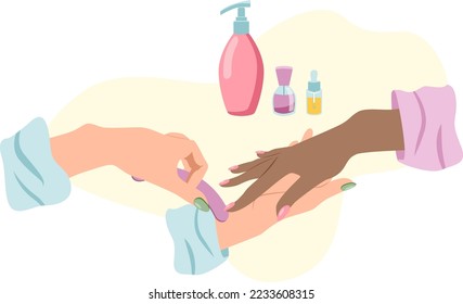 Hands of nail technician doing manicure to an African woman with nail file in flat style