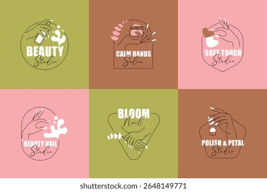 Hands and Nails Line Art Logo Kit. Vector Branding Elements for Beauty and Nail Studios. Diversity in Beauty and Skincare