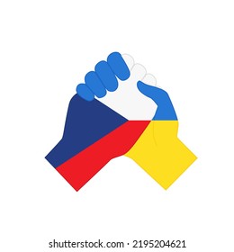 Hands With National Flags Of Ukraine And Czech Republic Shaking Each Other As Sign Of Peace And Partnership. Peace Agreement, Support For Ukrainian Citizens And Army In War Flat Vector Illustration