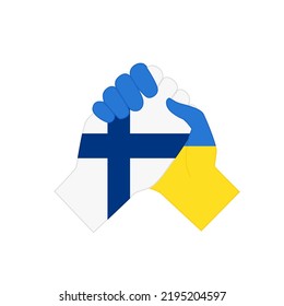 Hands With National Flags Of Ukraine And Finland Shaking Each Other As Sign Of Peace And Partnership. Peace Agreement, Support For Ukrainian Citizens And Army In War Flat Vector Illustration