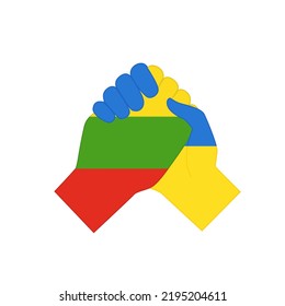 Hands With National Flags Of Ukraine And Lithuania Shaking Each Other As Sign Of Peace And Partnership. Peace Agreement, Support For Ukrainian Citizens And Army In War Flat Vector Illustration