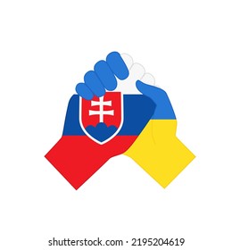 Hands With National Flags Of Ukraine And Slovakia Shaking Each Other As Sign Of Peace And Partnership. Peace Agreement, Support For Ukrainian Citizens And Army In War Flat Vector Illustration