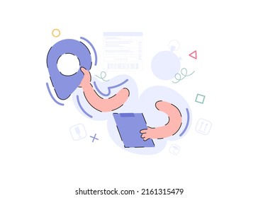 Hands with navigation, GPS. Geolocation concept. Flat style. Vector illustration