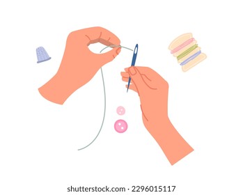 Hands with needle concept. Character threads eye of needle. Seamstress and atelier gan workplace with tools. Manufacture of clothes from fabric. Cartoon flat vector illustration