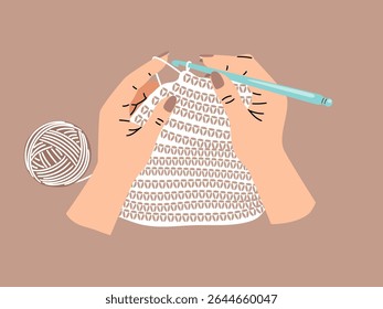 Mãos de agulha segurar o gancho e fio. hobby criativo, processo de tricô de crochê ilustração vetor. Vista superior do trabalho artístico original do local de trabalho