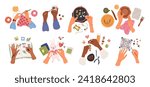Hands with needlework. Creative craft hobbies. Human arms creating embroidery. Artisan tools. Handmade accessories. Painting ceramics or making scrapbook. Garish vector