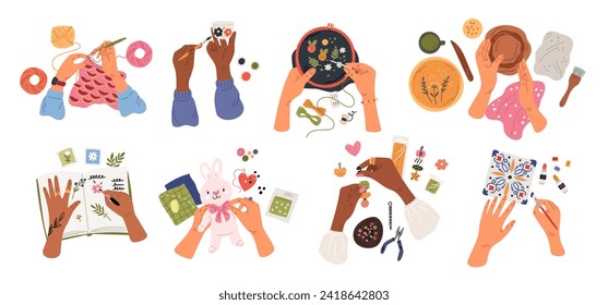 Hands with needlework. Creative craft hobbies. Human arms creating embroidery. Artisan tools. Handmade accessories. Painting ceramics or making scrapbook. Garish vector