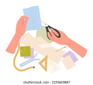 Hands needlework workshop. Creative handmade work, sewing handcraft vector illustration