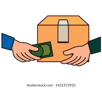 hands negotiating with box and money delivery service