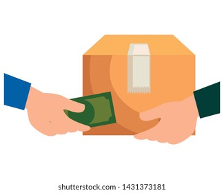 hands negotiating with box and money delivery service