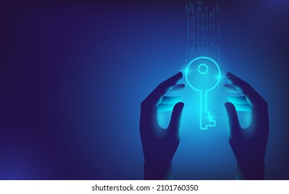 Las manos bajo luz de neón sostienen una llave virtual. Ilustración vectorial sobre el tema de la ciberseguridad. Plantilla para un banner horizontal.